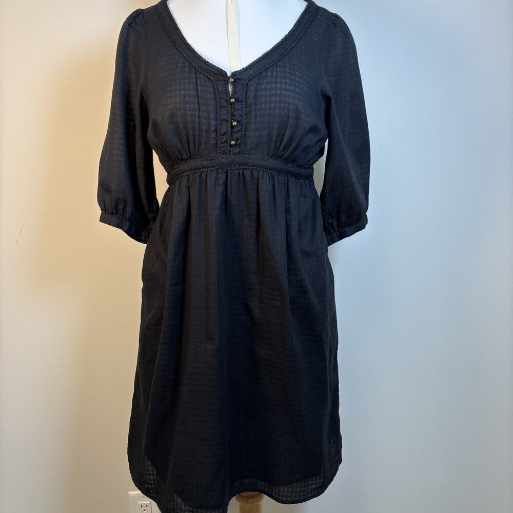 Romantic Boho Sheer Lined Black Dress M Cottagecore Moody Folk Gothic Cotton